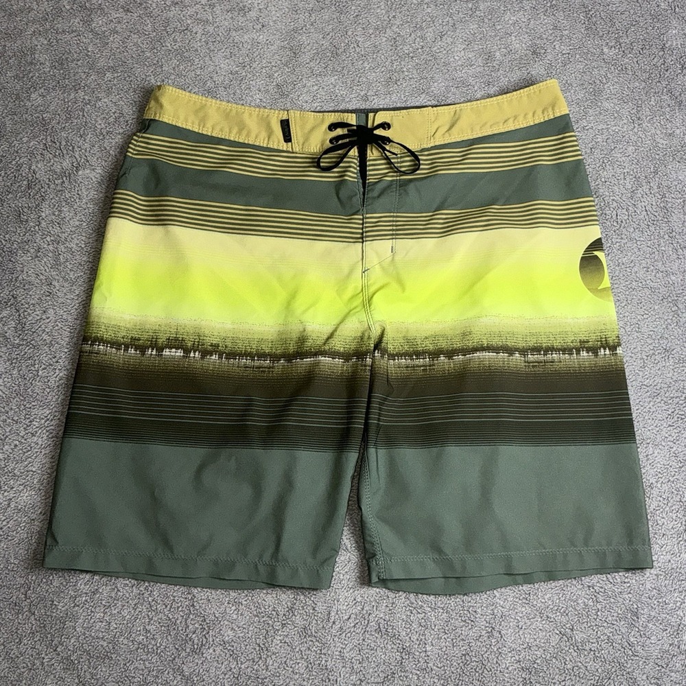 Hurley Phantom Board Shorts Mens 33 Green Yellow Stripe Swim Trunks Surf‎ Pocket